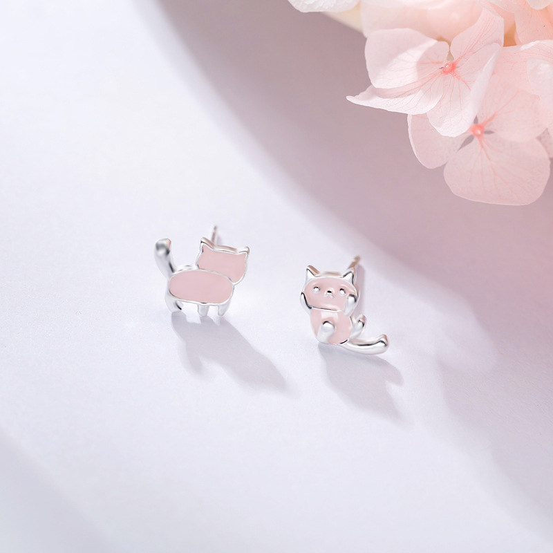925 Pure Silver Kitten Asymmetrical Earshot Woman Temperament Pink Teenage Girl Hearts Earrings Korea Small Personality Brief
