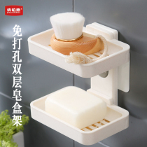 Excellent non-perforated soap box drain creative wall-mounted incense bathroom rack suction cup double soap box plastic