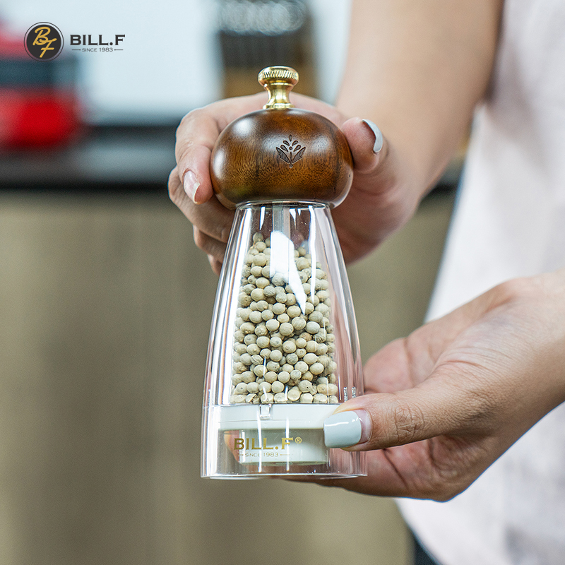 Bill.F Acacia Wood Pepper Grinder Spice Jar Bottle Acrylic Transparent Ceramic Grinding Core Adjustable Coarseness Kitchen