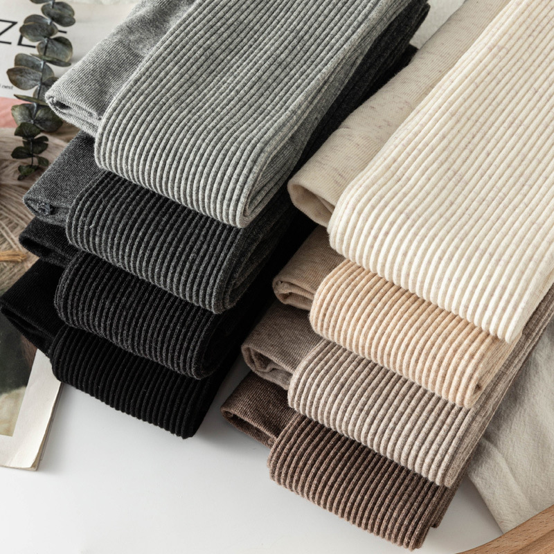 Spring and Autumn Thick Striped Leggings for Women, Cotton Surface, White Tights for Outerwear, Ribbed Knit Nine-Point Socks, Gray Stirrup Pants