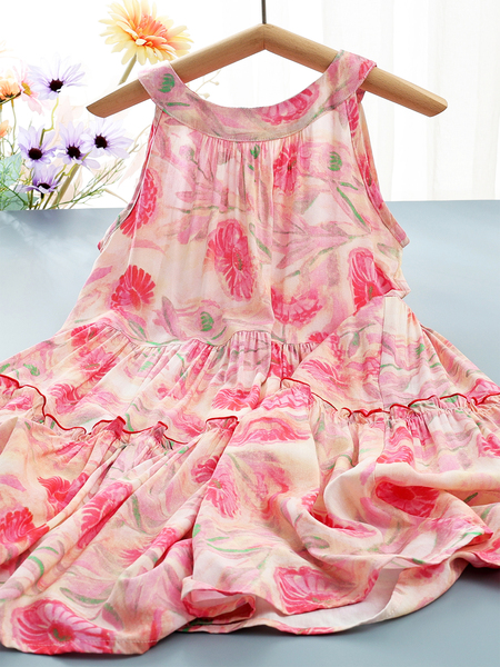 Girls' Dress Summer 2026 New Style Children's Clothing Fashionable Little Girl Floral Dress Children's Lightweight Cotton Silk Suspender Dress
