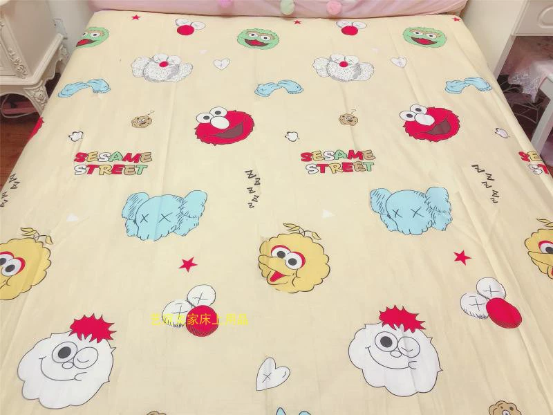 Bộ chăn ga gối 4 mảnh cotton hoạt hình Sesame Street KWAS có thể tùy chỉnh màu xanh dương vàng cho nam và nữ - Bộ đồ giường bốn mảnh