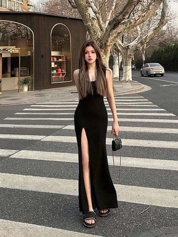 Purely Sensual Black Square-Neck High-Slit Spaghetti Strap Dress for Women, Summer Waist-Cinching, Slim-Fitting, Sexy Bodycon Long Dress Purely Sensual Black Square-Neck High-Slit Spaghetti Strap Dress for Women, Summer Waist-Cinching, Slim-Fitting, Sexy Bodycon Long Dress