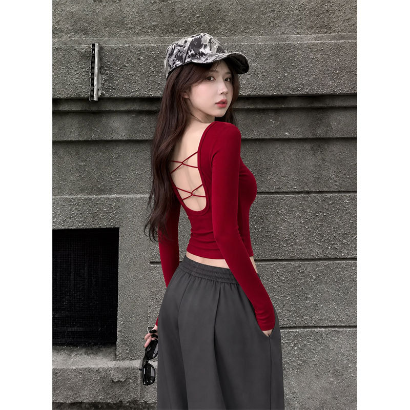 American-Style Spicy Girl Street Fashion T-Shirt for Women, New Sexy Backless Cross-Cut Long-Sleeve Crop Top