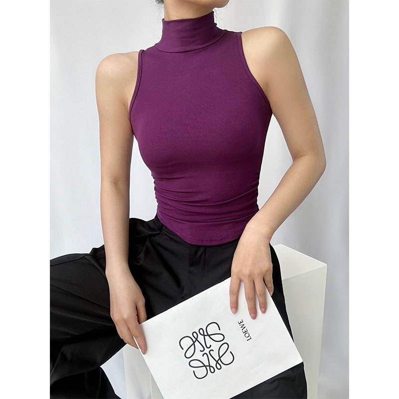 Purple Sleeveless Vest for Women, Summer Outerwear, Half-High Collar, Layered Tank Top, Stylish Ruched Camisole