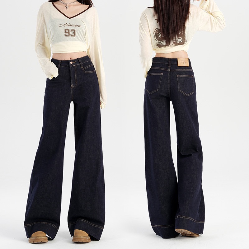 Yu Clothing Slimming Anti-Fade Denim Blue American-Style Loose Wide-Leg Jeans for Women Autumn and Winter Stretch Floor-Length Pants Yu Clothing Slimming Anti-Fade Denim Blue American-Style Loose Wide-Leg Jeans for Women Autumn and Winter Stretch Floor-Length Pants