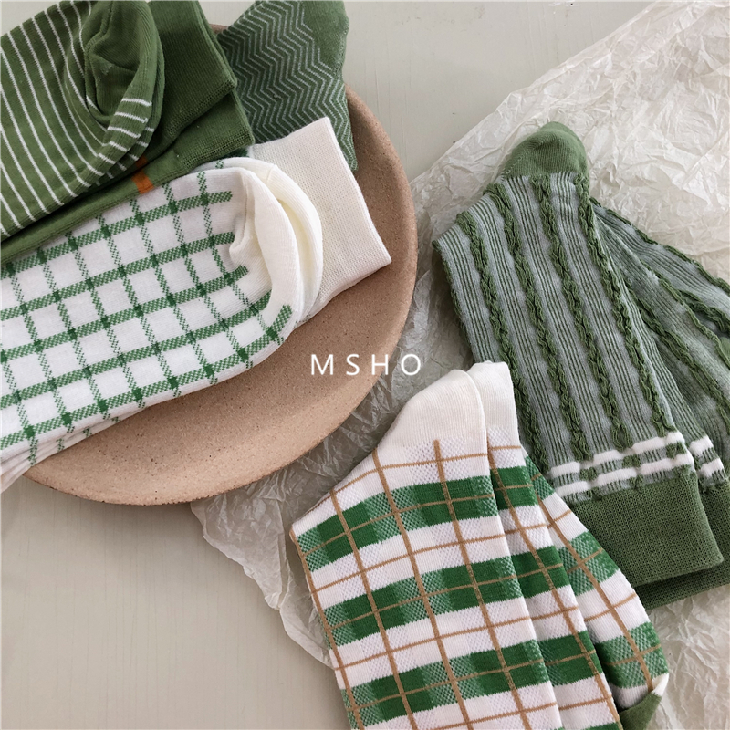 ooahz fresh avocado color spring and summer cotton plaid stripe Korean version tide socks ins net red socks all-match mid-tube socks