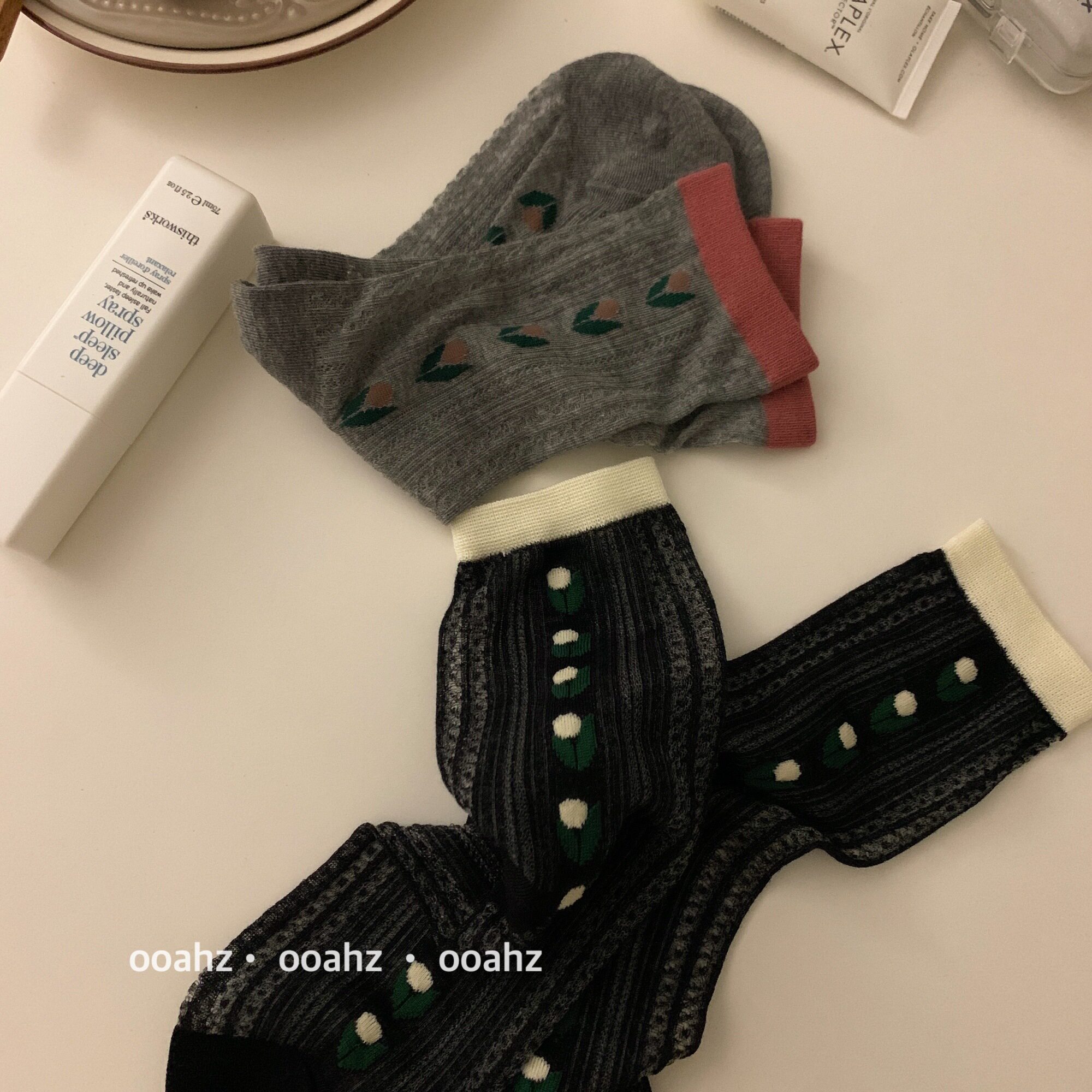 Xun Ye Ji ~ spring and summer thin mesh Korean flower socks breathable long socks Japanese cotton socks ins thin socks