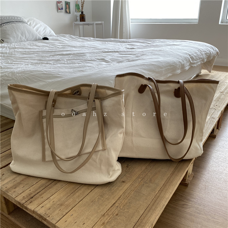 ooahz homemade cream rice apricot ~ large capacity canvas bag student class bag shoulder handbag female Korean ins