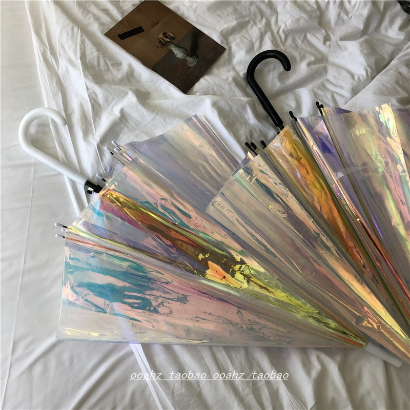 ooahz rainbow in the rain' suitable rain umbrella for both men and women, laser transparent colorful reflective long handle umbrella