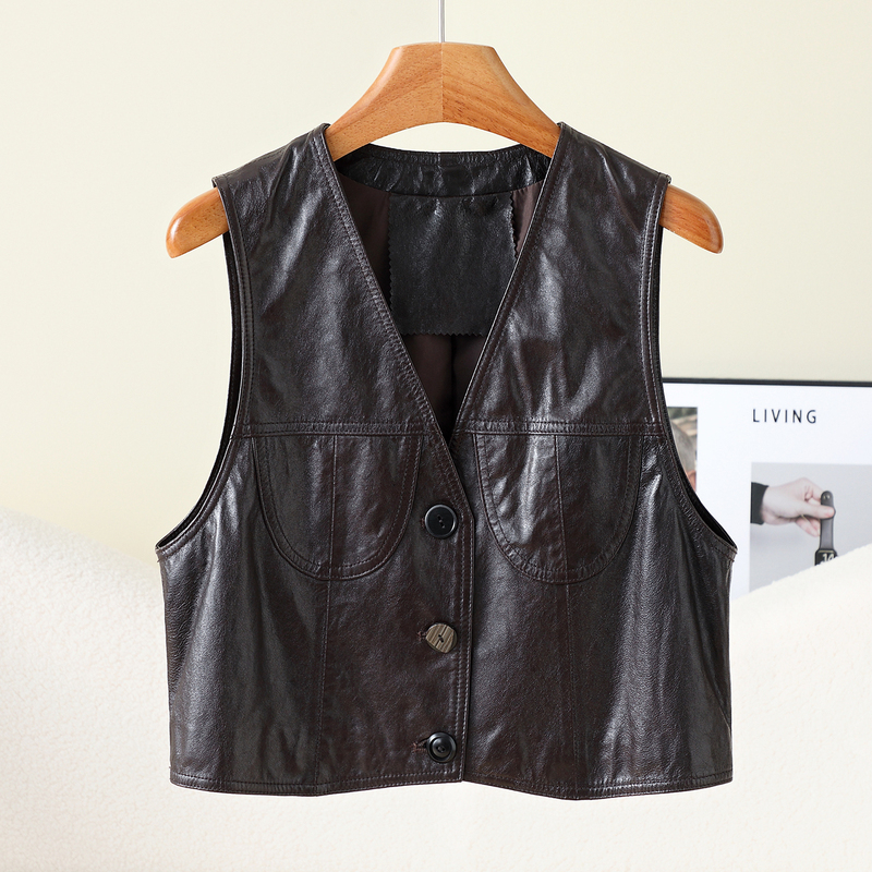 Cold-Extracted Oil Wax Sheepskin Genuine Leather Vest for Women, Fashionable and Stylish, Age-Reducing, Trendy, 2026 Autumn New High-Waisted Model
