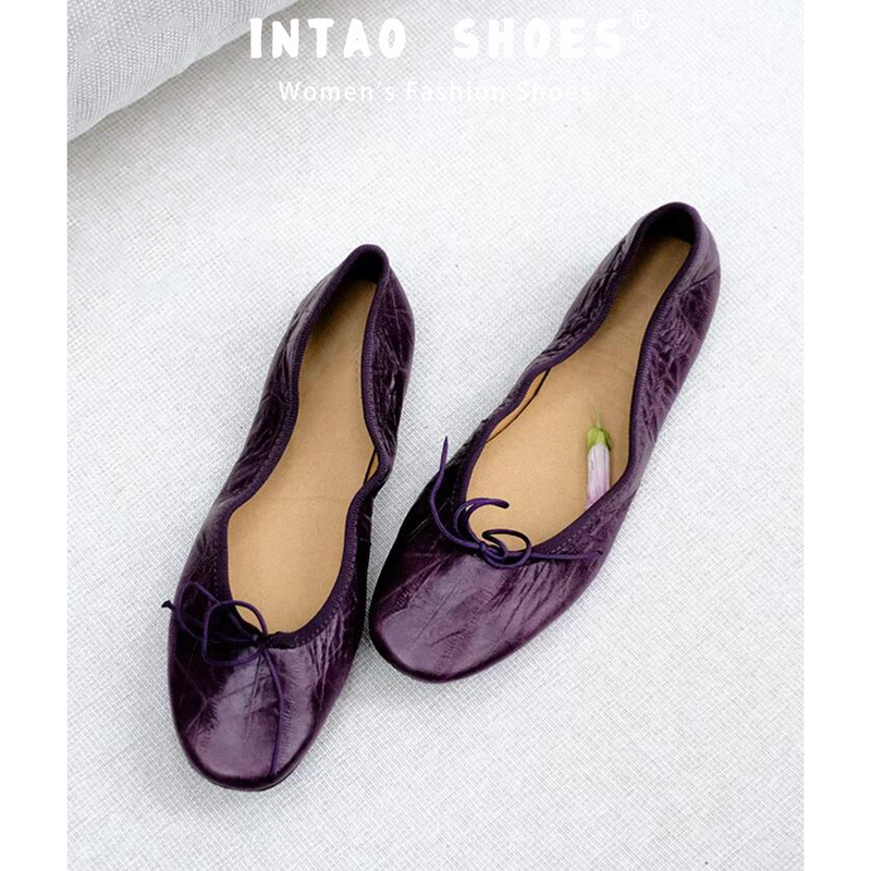 Sheepskin Version~1Cm Purple Pleated Soft-Soled Ballet Shoes for Women 2026 Autumn New Style Comfortable Bow-Knot Single Shoes