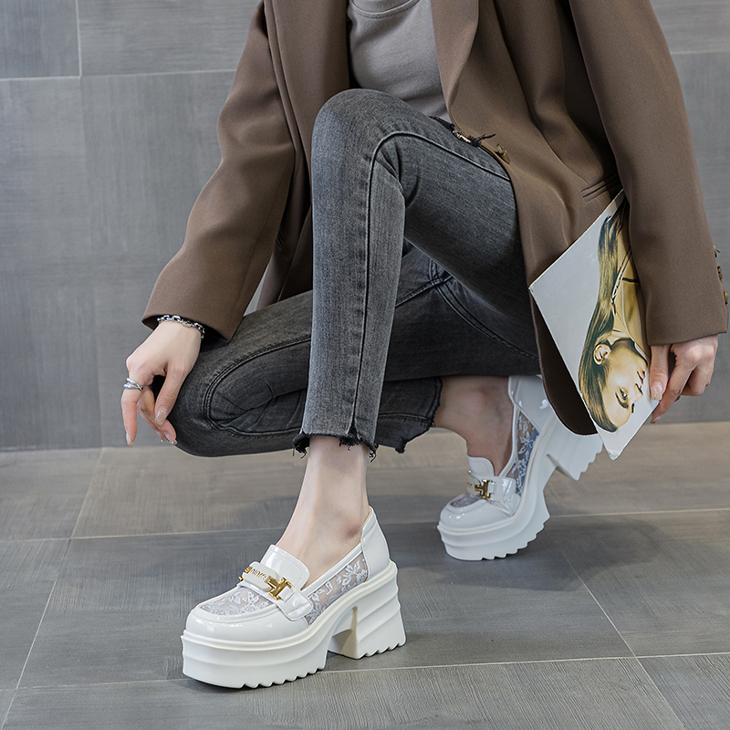 Hong Kong Trendy Brand Thick-Soled Shoes 2025 New Genuine Leather Spring and Summer Thin Versatile Ultra-High Heel Chunky Heel Loafers for Women