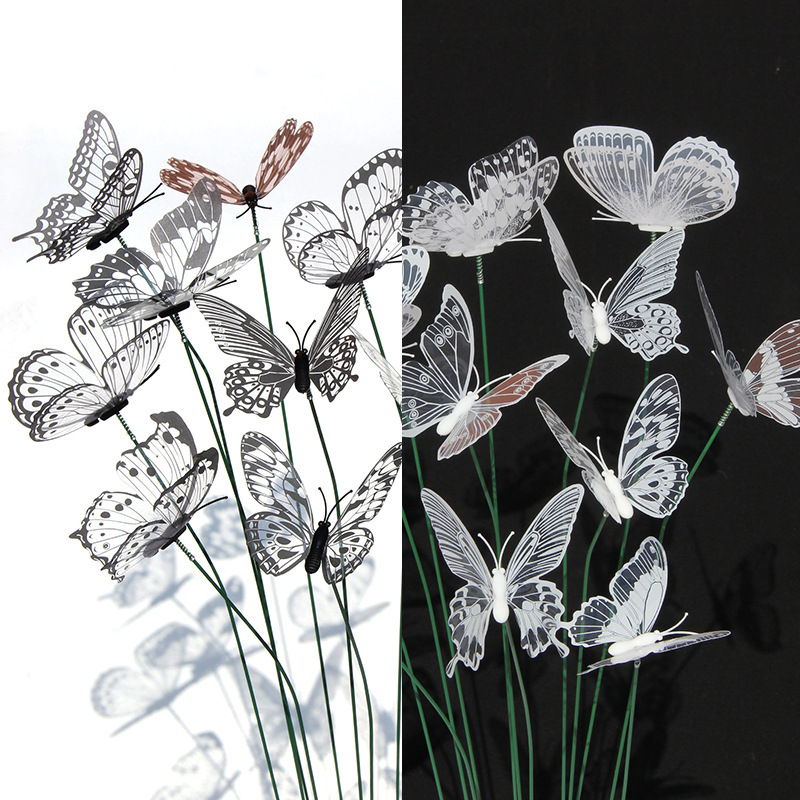 8cm Black and White Artificial Butterfly Transparent 3D Realistic Butterfly Flower for Garden Outdoor Gardening Decoration