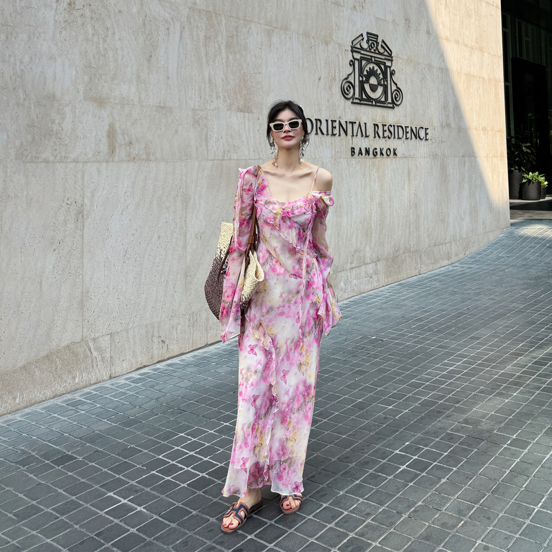 French-Style Silk Long-Sleeve Pink Floral Youthful Mulberry Silk Dress for Women, Summer 2026 New Long Dress French-Style Silk Long-Sleeve Pink Floral Youthful Mulberry Silk Dress for Women, Summer 2026 New Long Dress