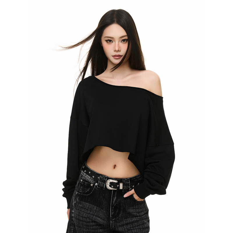 American Retro Distressed Raw Edge Design Off-Shoulder Waist-Revealing Long-Sleeve T-Shirt, Loose Casual Short Top for Trendy Girls
