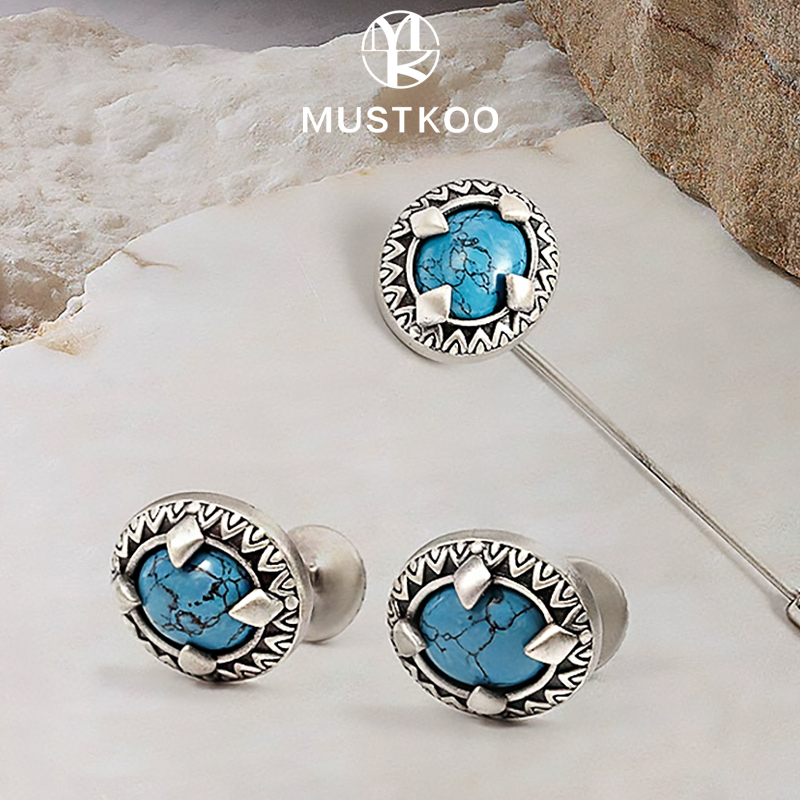 Mashidu Ancient Silver Series Hand-Carved Inlaid Turquoise and Red Tiger Stone Cufflinks Brooch Lapel Pin Suit Accessories Mashidu Ancient Silver Series Hand-Carved Inlaid Turquoise and Red Tiger Stone Cufflinks Brooch Lapel Pin Suit Accessories