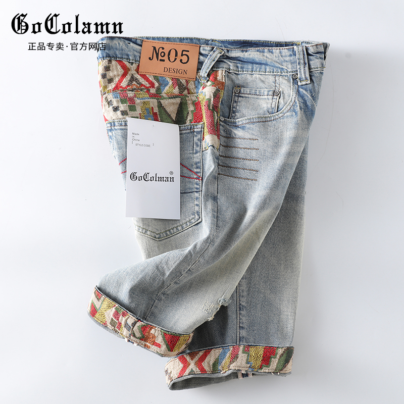 GoColman Hole Cowboy Shorts Male 50% Straight cylinder loose 50% Pants Summer Thin and Tide Cards Horse Pants Trend