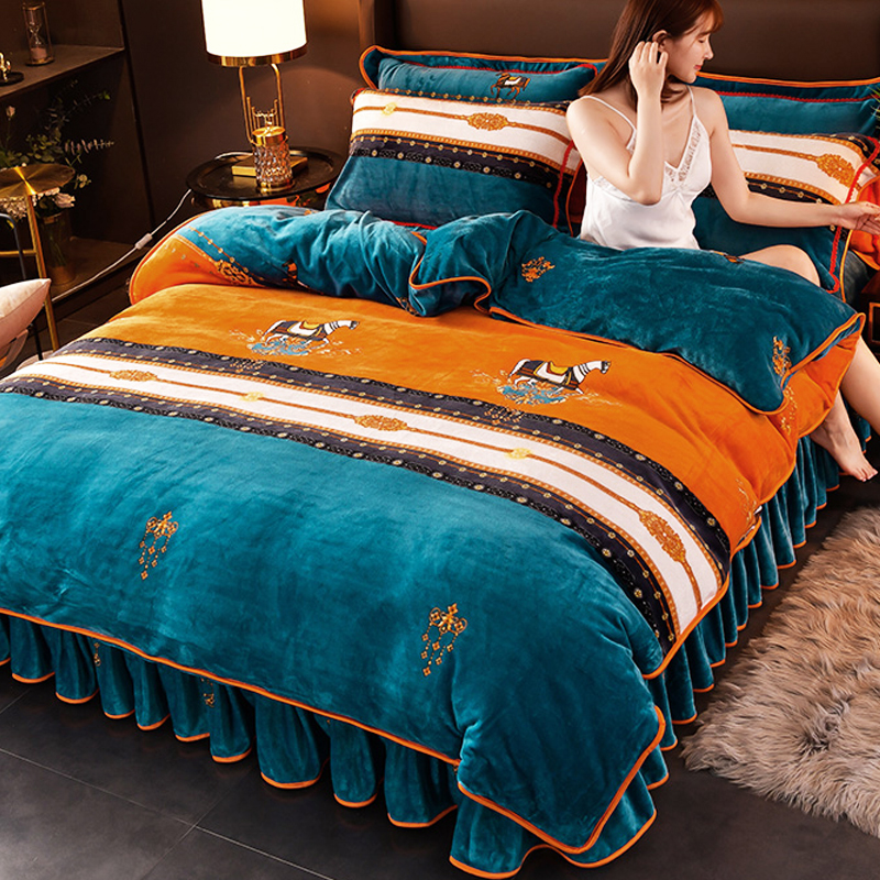 Thickened Milk Suede Four Pieces Cover Winter Bifacial Plus Suede Flannel Bed Linen Bed Pint Winter Bed Coral Suede