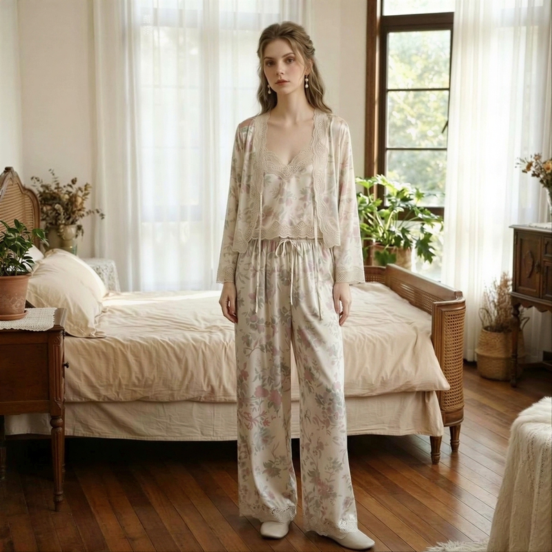 French-Style Vacation High-End Light Luxury Silk Printed Pajamas Women's Set New Camisole Lace Mulberry Silk Loungewear French-Style Vacation High-End Light Luxury Silk Printed Pajamas Women's Set New Camisole Lace Mulberry Silk Loungewear
