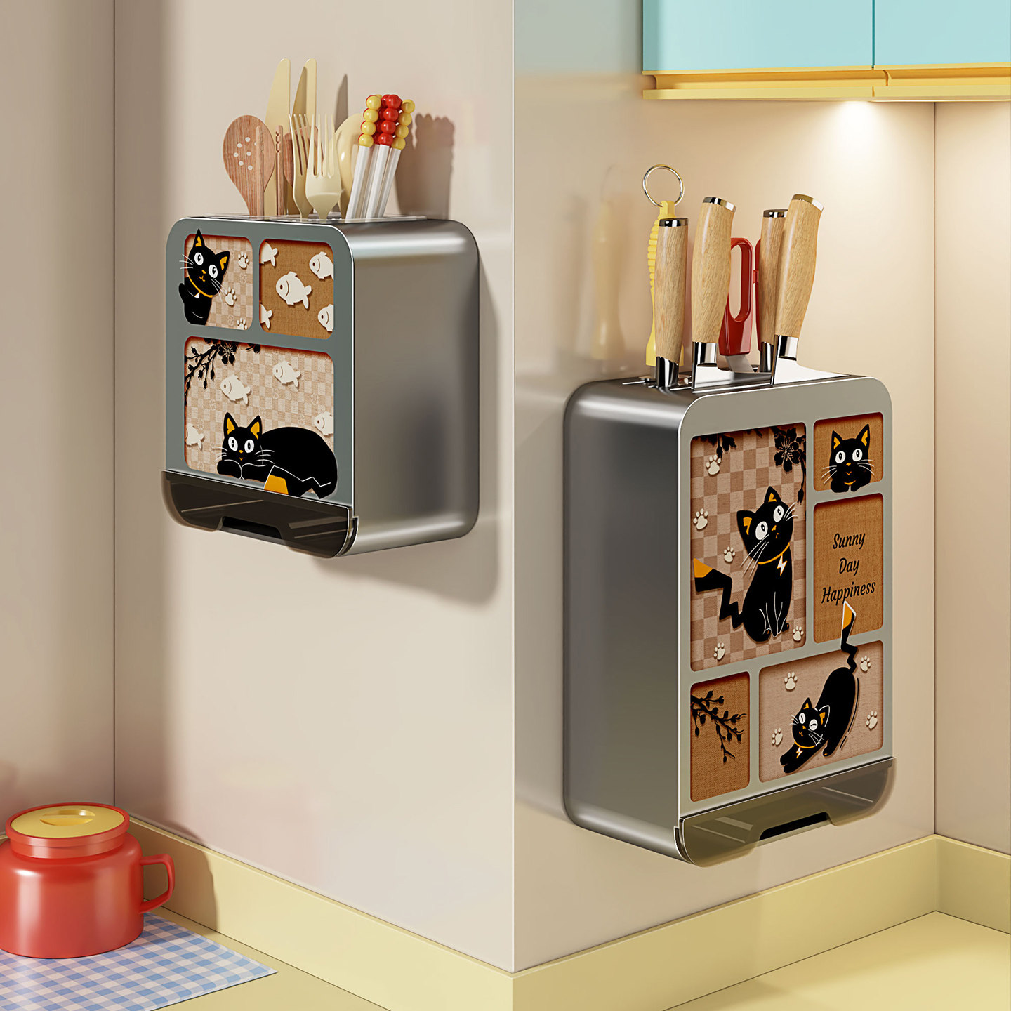 Knife holder kitchen rack wall-mounted knife and chopstick cage integrated household drain multi-functional stainless steel storage shelf