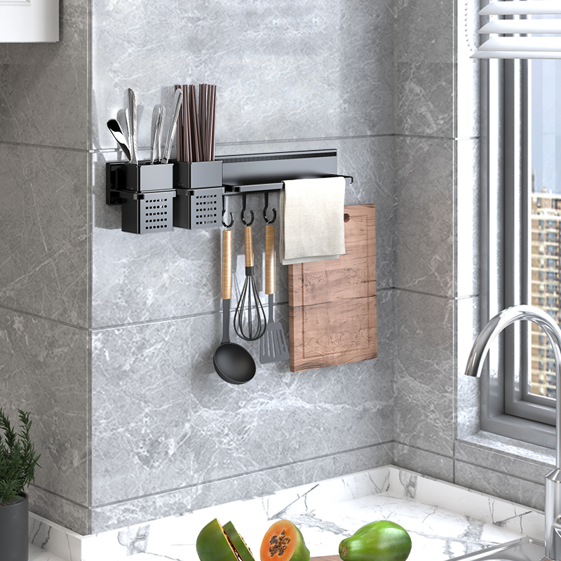 Kitchen nail-free hook-free perforated hanging rack Wall-mounted row hook shelf hanging spoon shovel hook type storage rack