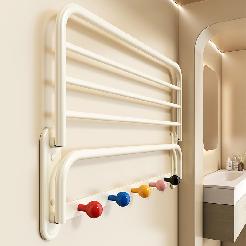 Dopamine Cream Style Towel Rack Bathroom No-Drill Shower Room Toilet Towel Storage Rack Integrated Hanging Rod