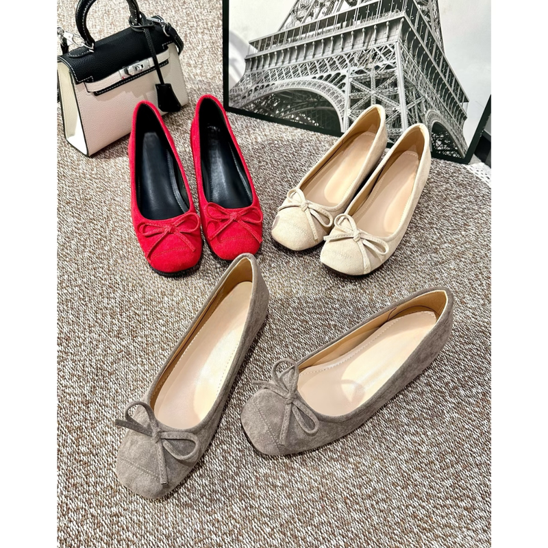 Sheepskin Version~French-Style Suede Bow Ballet Shoes 2026 New Style Shallow-Mouthed Single Shoes Grandma Shoes
