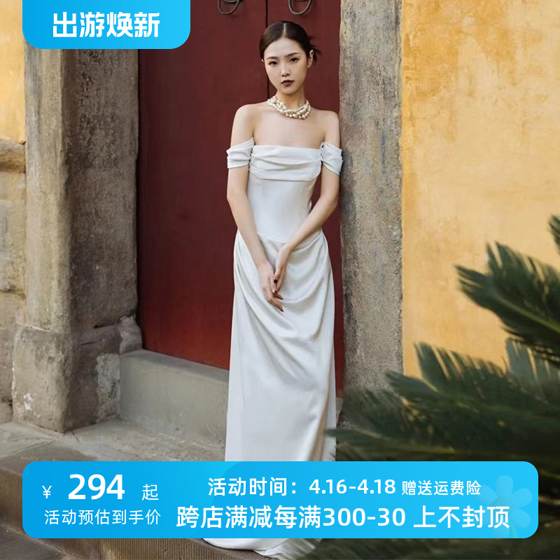 Wedding dress, advanced evening dress, open shoulders, high-end, lace dress