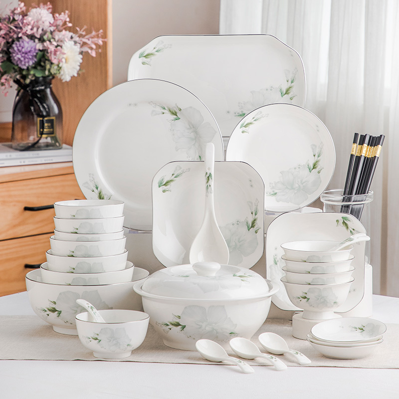 Green light luxury ceramic household tableware Chinese-style eating bowls and dishes chopsticks spoons plates soup bowls fish plate set