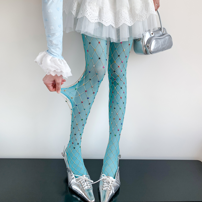 Y2K Hot Girl Style Fishnet Stockings for Women, Summer Anti-Snag Colorful Star Pantyhose, Layered Tiffany Blue Stockings Y2K Hot Girl Style Fishnet Stockings for Women, Summer Anti-Snag Colorful Star Pantyhose, Layered Tiffany Blue Stockings