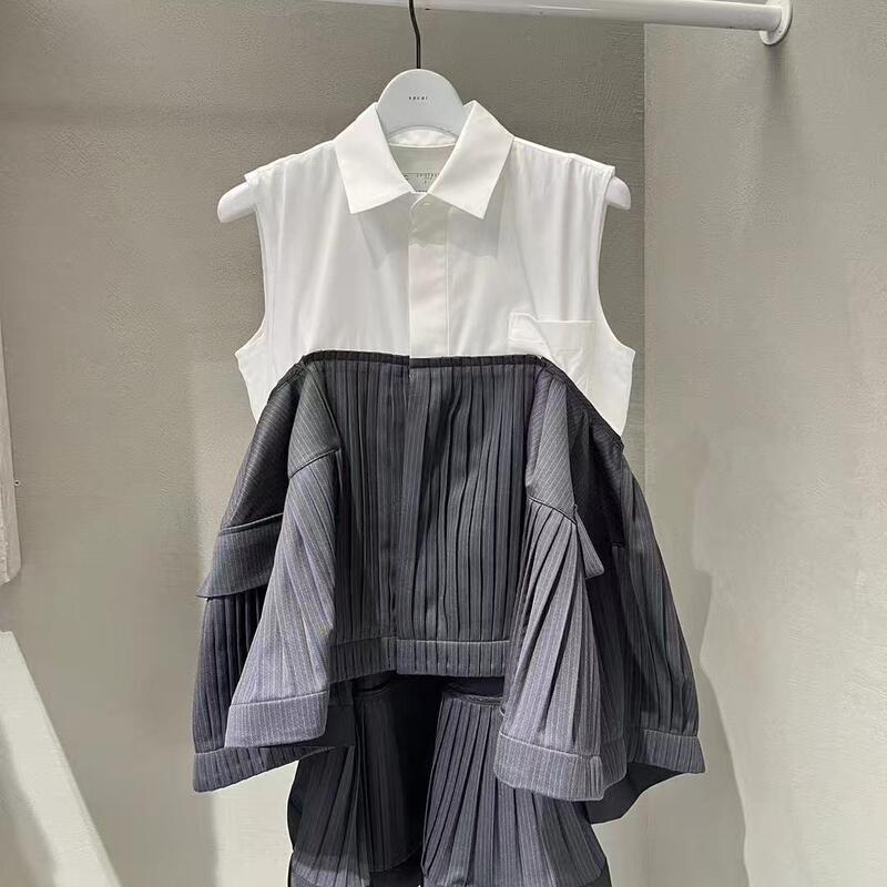 Fog Sacai Japanese Style 2026 Spring/Summer New Lapel Shirt Collar Patchwork Denim Pleated Sleeveless Top for Women