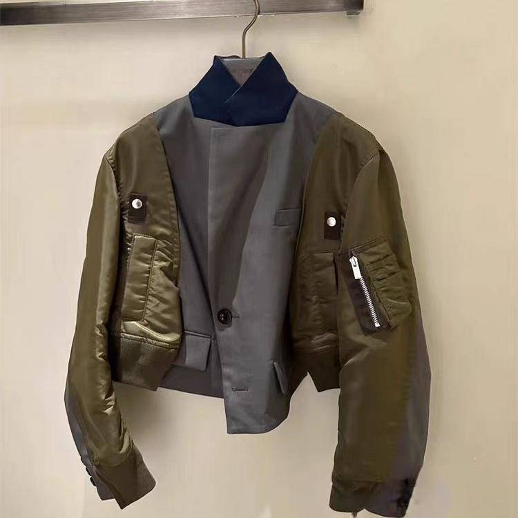 Fog Sacai Japanese Style 2025 Autumn and Winter Suit Color-Blocked Patchwork Slit Short Casual Jacket Workwear Coat for Women Fog Sacai Japanese Style 2025 Autumn and Winter Suit Color-Blocked Patchwork Slit Short Casual Jacket Workwear Coat for Women