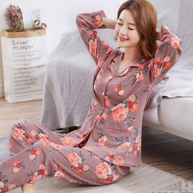 Dolanqi Pure Cotton Pajamas for Women, Spring and Autumn Long-Sleeved Loungewear, Autumn and Winter Thin Cardigan Set for Middle-Aged Women, Large Size