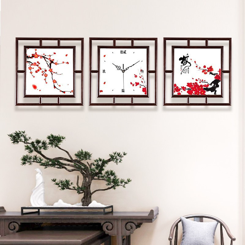 Chinese solid wood wall clock home silent living room Chinese style creative large hanging wall table square black walnut quartz clock