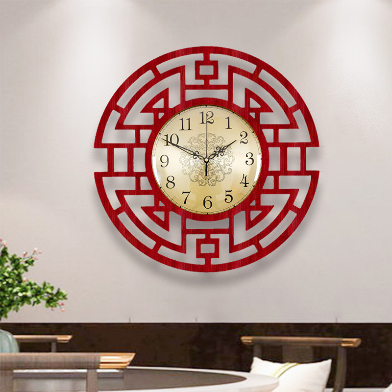 New Chinese Living Room Hanging Bell Mute China Wind Retro Creative Vintage Wood Decorator with art round and watch