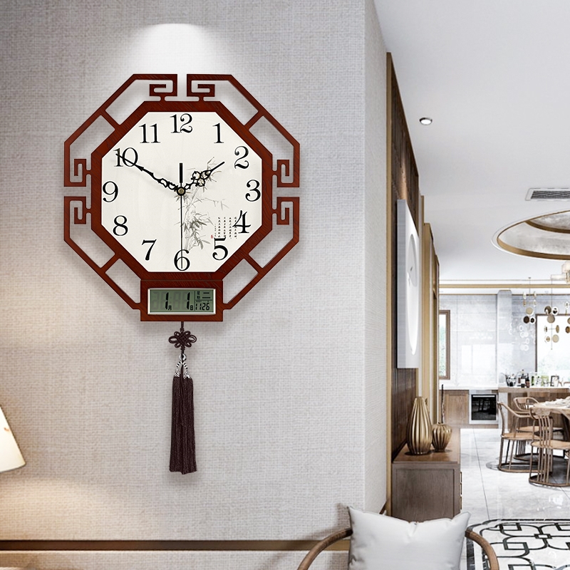 New Chinese hanging clock Living room Home Perpetual Calendar Clock Watch China Wind Wood Minimalist Fashion Creative Muted Quartz Clock