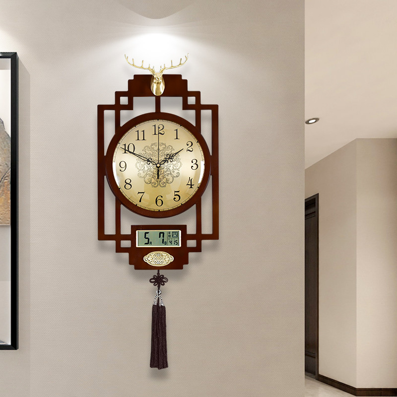 新中式挂钟客厅家用木质中国风钟表简约万年历静音时钟创意石英钟 Изображение 1