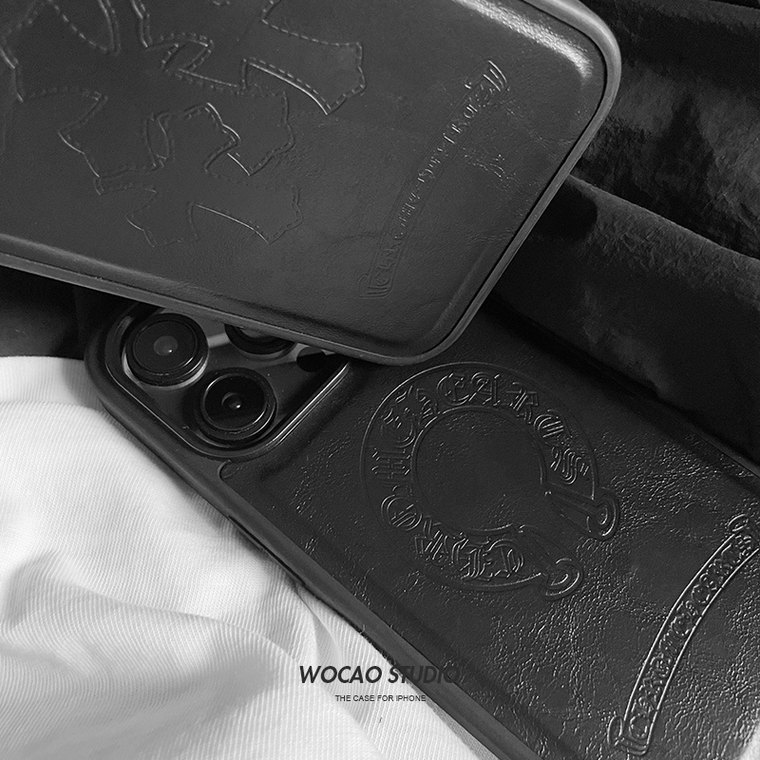 Chrome Hearts Black Leather Metal Cross iPhone Case