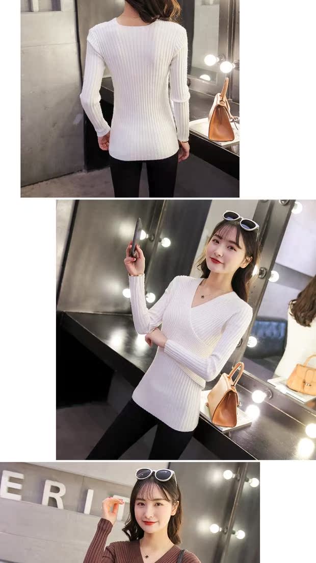 Áo sơ mi nữ cổ chữ V cẩn thận máy áo len mỏng tay dài tay bó sát áo sơ mi ngắn tay mùa xuân và áo len mùa thu áo len