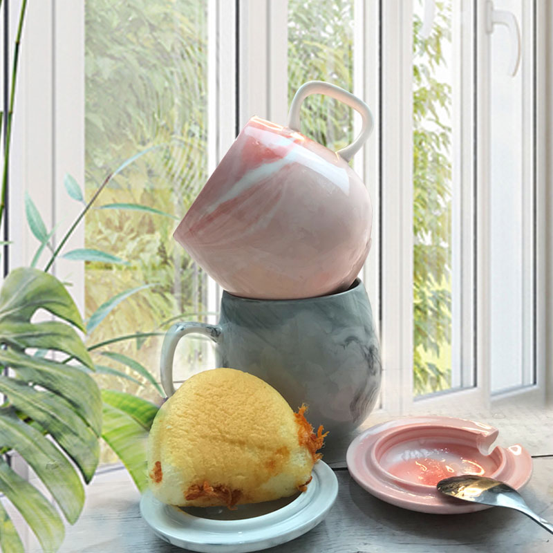 Nordic Ceramic Mark Cup ins with spoon lid Large capacity marble textured minimalist art cup Home Office water glass