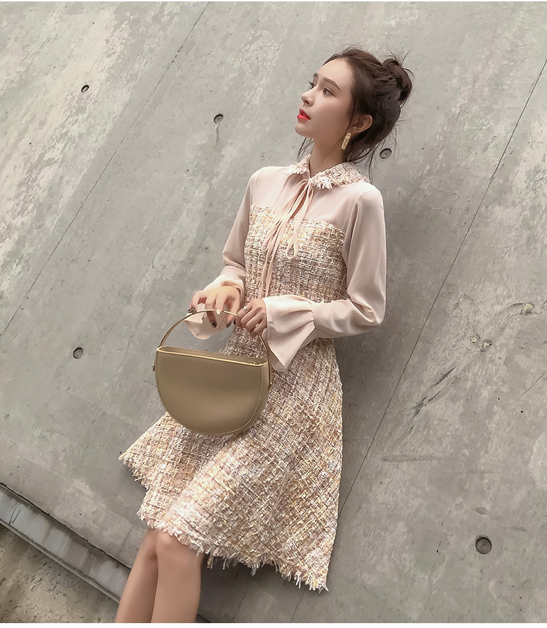 VK旗艦店 韓國風粗花呢拼接氣質毛邊荷葉邊長袖洋裝