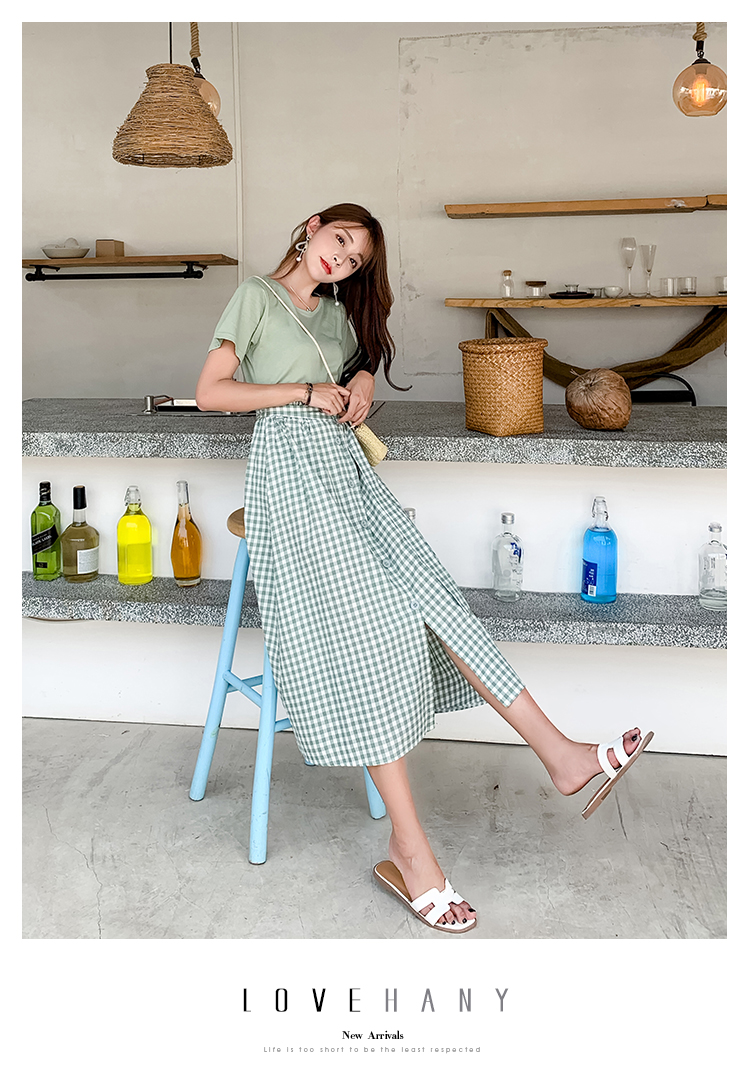 VK旗艦店 韓系休閒圓領T恤高腰格子半身裙套裝短袖裙裝
