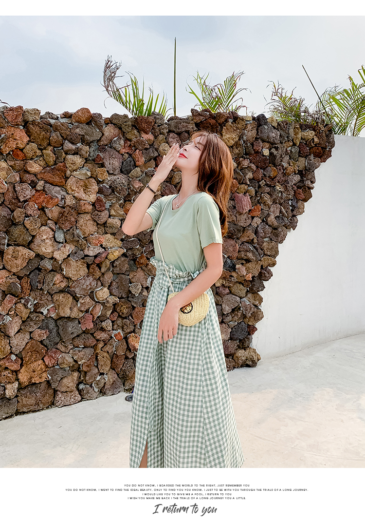 VK旗艦店 韓系休閒圓領T恤高腰格子半身裙套裝短袖裙裝