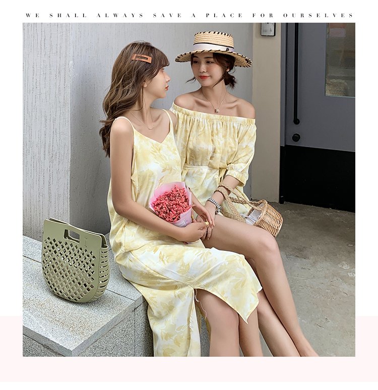 VK旗艦店 韓系手工染色花色一字領無袖洋裝