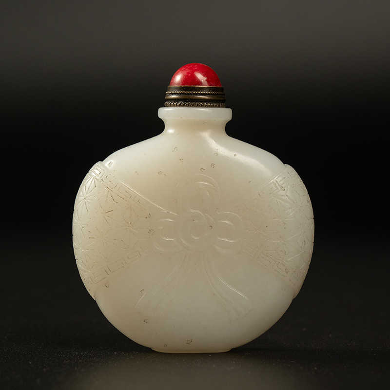清時代 和田玉 白玉彫 素紋鼻煙壺【仁】極細工 反れ 手彫り 裝 