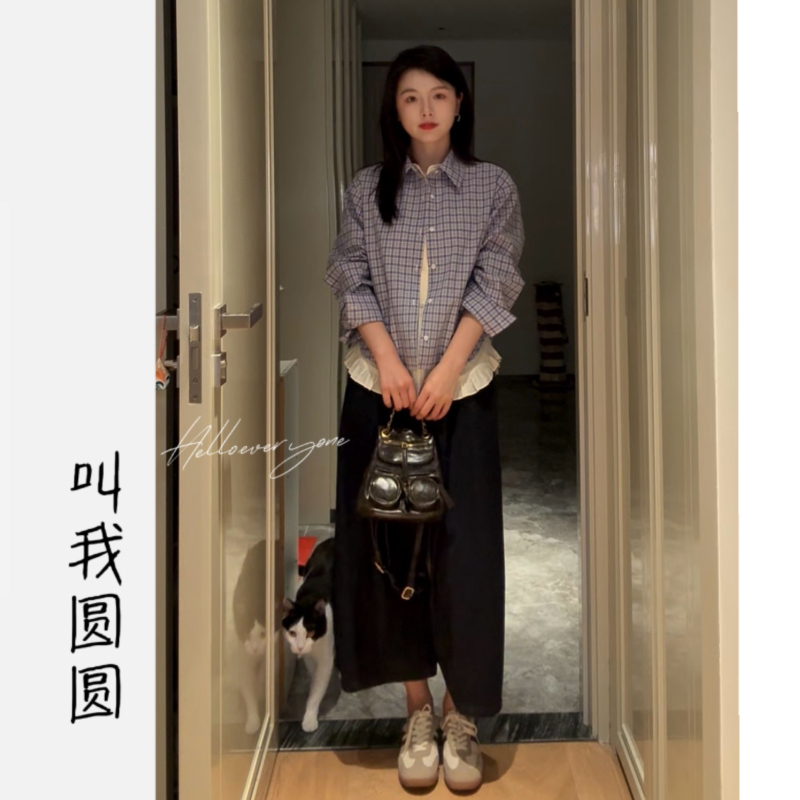 Yuanyuan [Berry Waffle] Fake Two-Piece Long Sleeve Design with Stylish Patchwork Plaid Shirt Yy 11498