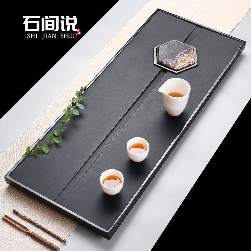 The stone said Wu Jinshi tea tray inlaid with Chinese painting stone Whole stone tea table Simple household tea sea tea tray