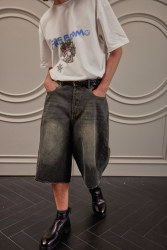 MONOLOGE24SS washed whiskers loose silhouette retro distressed trousers cropped trousers straight matt green denim shorts