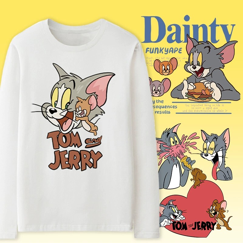 Tom and Jerry Cartoon T-Shirt for Men and Women, Long-Sleeved, Spring and Autumn, American Style, Loose-Fitting Children's Clothing, Trendy Tom and Jerry Cartoon T-Shirt for Men and Women, Long-Sleeved, Spring and Autumn, American Style, Loose-Fitting Children's Clothing, Trendy